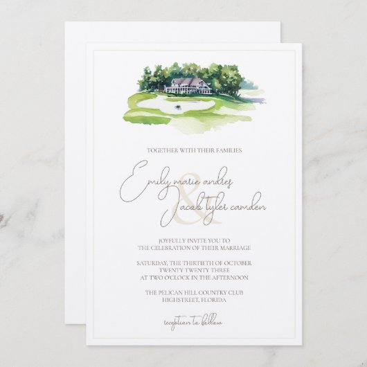 Wedding Invite - Golfcursus in Waterverf Kaart (Voorkant / Achterkant)