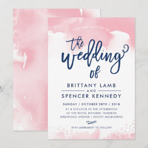 WEDDING INVITE moderne, stijlvolle marineroze wate Kaart