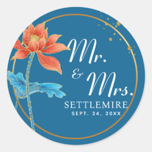 Wedding Lotus Flower Oranje & Blue Mr en Mrs. Ronde Sticker