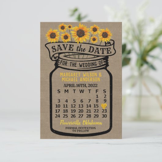 Wedding Mason Jar Sunflower April 2022 Kalender Save The Date (Staand voorkant)