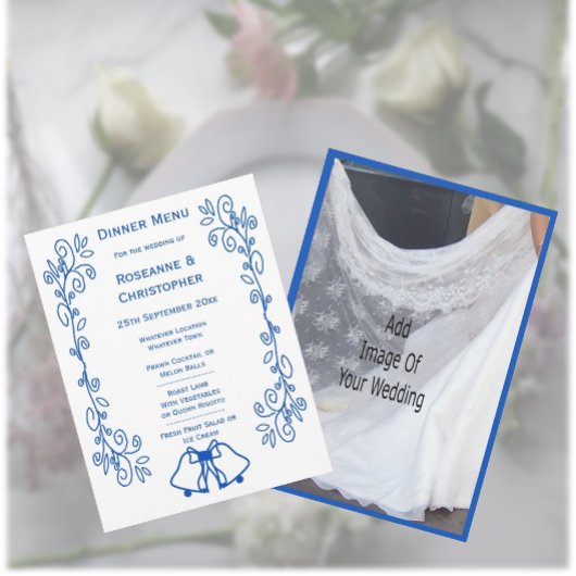 Wedding Menu Card Blue Sapphire Bells Scrollwork 