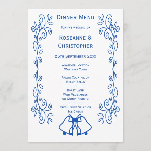 Wedding Menu Card Blue Sapphire Bells Scrollwork (Devant)