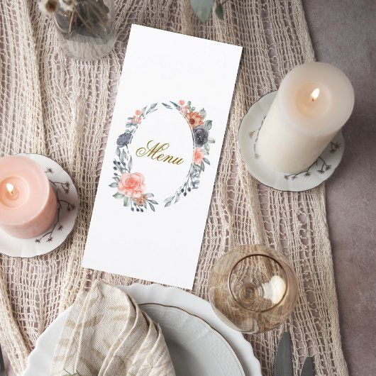 Wedding Menu Card with Soft Peach & Blue Flowers