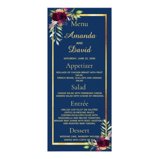 Wedding Menu florals navy blue burgundy (Devant)