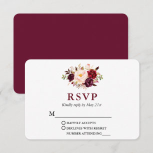 Wedding Modern Elegant Burgundy Floral RSVP Kaartje