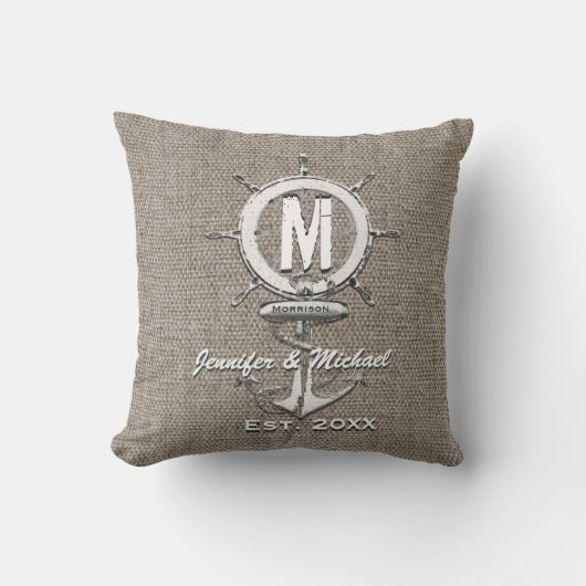Wedding Monogram Rustic Linen Anchor Kussen (Voorkant)