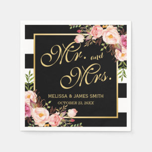 Wedding Mr. en Mrs. Floral Gold Lijst Stripes Servetten