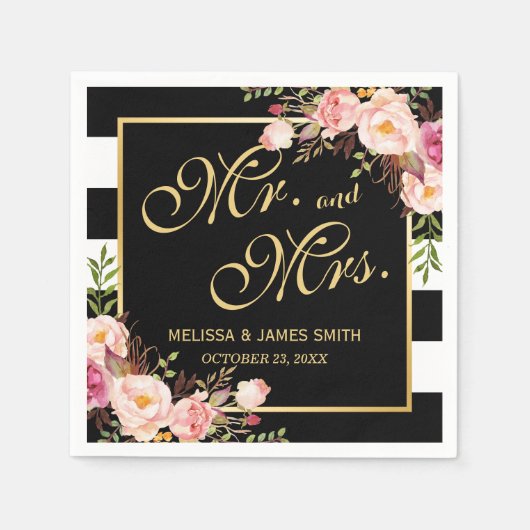 Wedding Mr. en Mrs. Floral Gold Lijst Stripes Servetten (Voorkant)