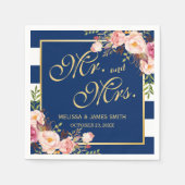 Wedding Mr. en Mrs. Floral Gold Navy Blue Stripes Servetten (Voorkant)