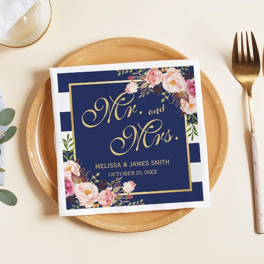 Wedding Mr. en Mrs. Floral Gold Navy Blue Stripes Servetten