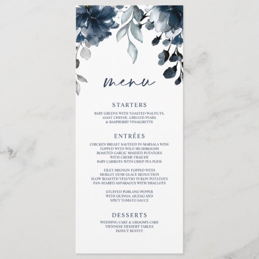 Wedding Navy Blue Floral Greenery Silver Menu (Voorkant)