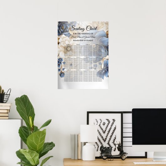 Wedding Navy Blue White Golden Floral Silver Poster (Thuiskantoor)