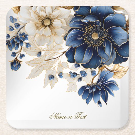 Wedding Navy Blue White Golden Floral Silver Vierkante Kartonnen Onderzetter (Voorkant)