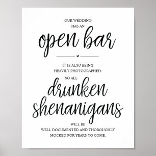 Wedding Open Bar, dronken shenanigans, bord Poster