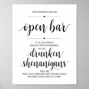 Wedding Open Bar, dronken shenanigans, bord Poster