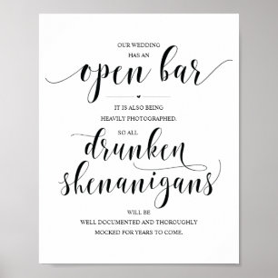 Wedding Open Bar, dronken shenanigans, bord Poster