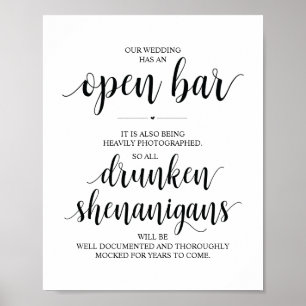 Wedding Open Bar, dronken shenanigans, bord Poster