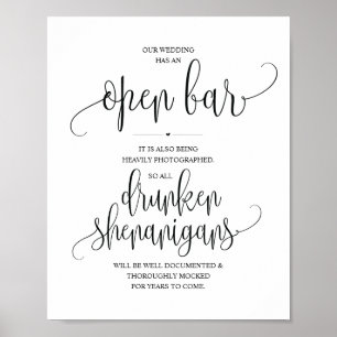 Wedding Open Bar, dronken shenanigans, bord Poster