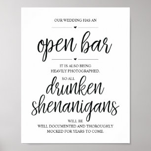 Wedding Open Bar, dronken shenanigans, bord Poster