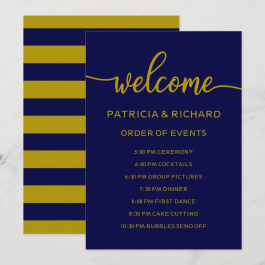 Wedding Order of Events Gold Navy Blue Schedule Kaart (Voorkant / Achterkant)