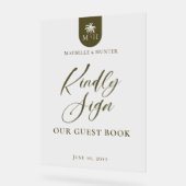 Wedding Palm Monogram Kindly Sign Our Guest Book Acryl Bord (Hoek)