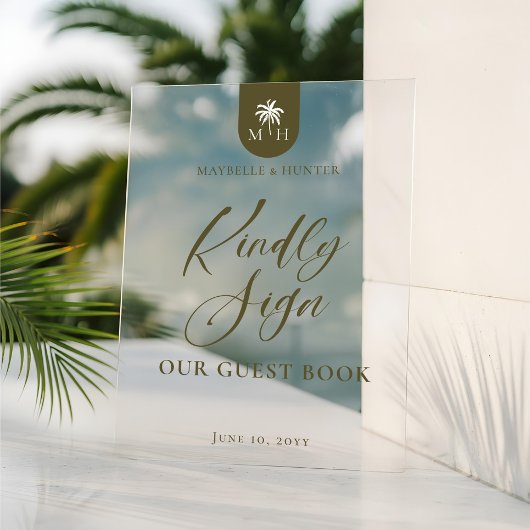Wedding Palm Monogram Kindly Sign Our Guest Book Acryl Bord