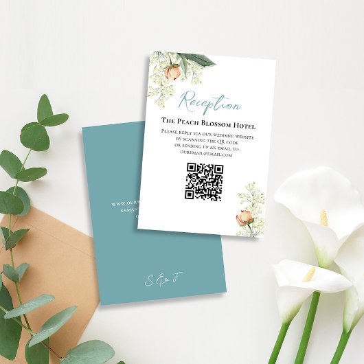 Wedding Peach Blue Receptie QR Code RSVP Informatiekaartje
