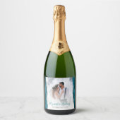 Wedding Photo Teal Blue Silver Agate Sparkling Wijnetiket (Voorkant)