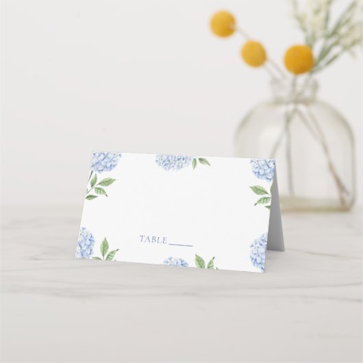Wedding Place Cards, Blue Hydrangea Border Classic (Voorkant)