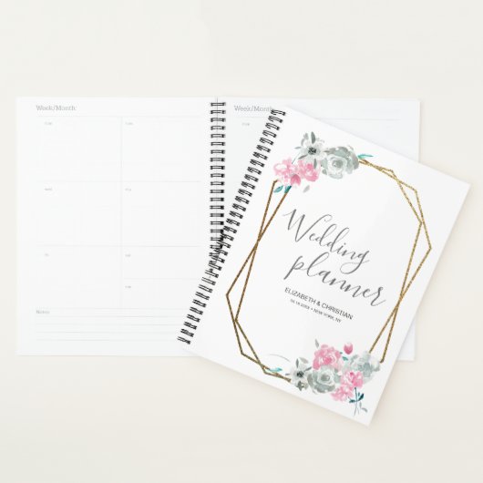Wedding planner aquarelle fleur or cadre géo (Devant avec enveloppe)