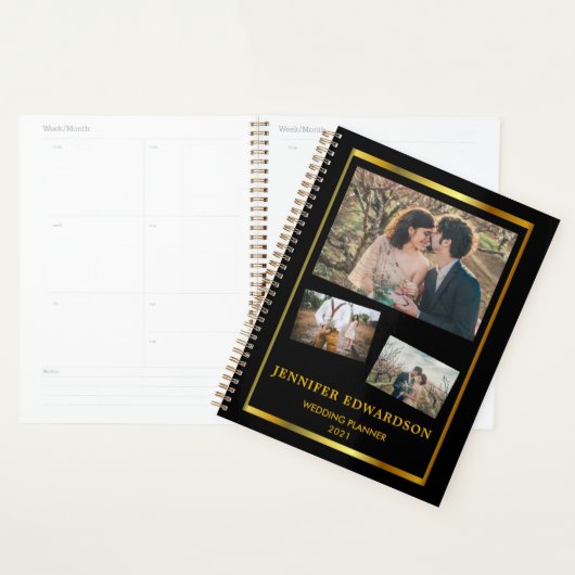 Wedding planner de collage photo en or noir modern (Devant avec enveloppe)
