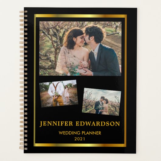 Wedding planner de collage photo en or noir modern (Devant)