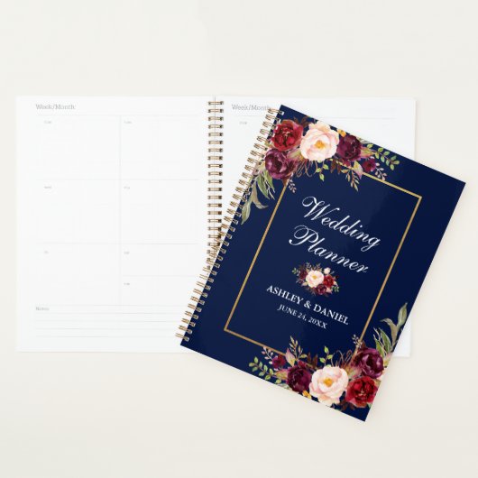 Wedding planner d'or bleu floral de Bourgogne (Devant avec enveloppe)