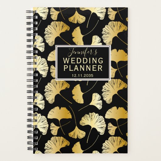 Wedding planner Motif moderne noir & or Ginkgo (Devant)