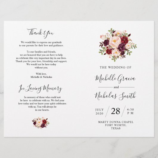 Wedding Program Burgundy Waterverf Floral, FOLD (Voorkant)
