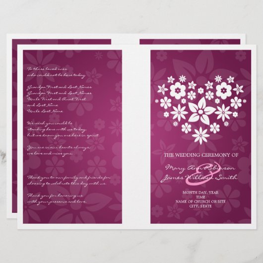 Wedding Program Flowery Heart Berry Pink (Voorkant / Achterkant)