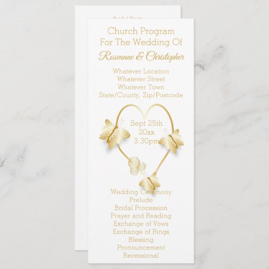 Wedding Program Gold Coloured Heart Butterfly Programma (Voorkant / Achterkant)