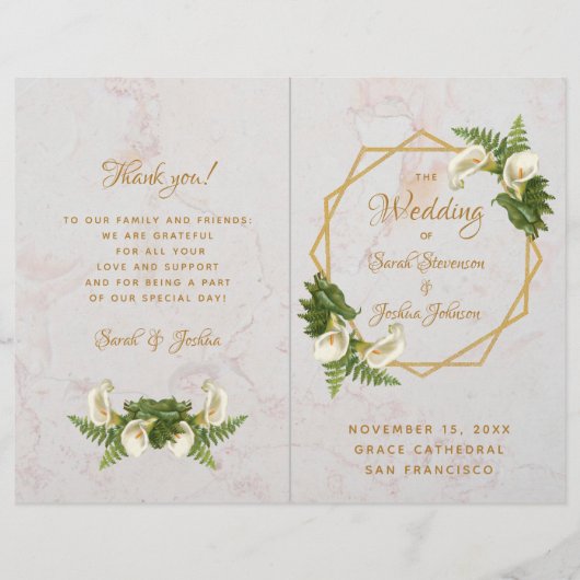 Wedding Program Gold White Marble Calla Lilies (Voorkant)