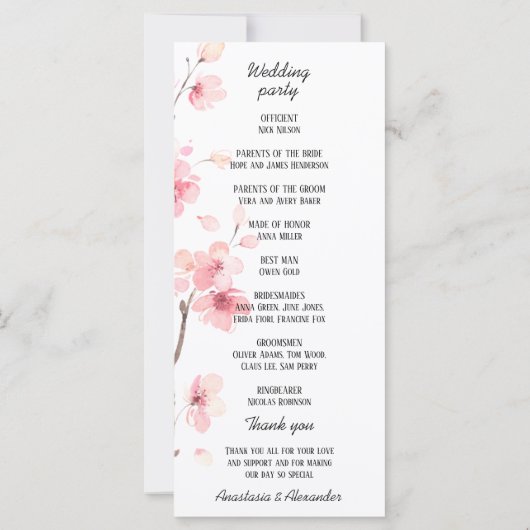 Wedding Program-kaart. (Achterkant)