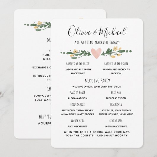 Wedding Program Order of Events Kaart (Voorkant / Achterkant)