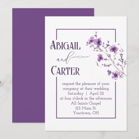 Wedding Purple Floral Frame On White Kaart (Voorkant / Achterkant)