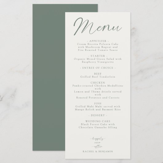 Wedding Reception Menu Elegant Script Sage Green (Devant / Derrière)