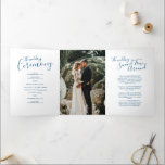 Wedding renewal ceremony blue and white program<br><div class="desc">A six-page : script text with little hearts wedding renewal program in blue and white. Edit this wedding program with your own wedding renewal names,  dates,  introduction,  ceremony wording,  wedding party attendants,  photo of your first elopement or restricted wedding,  and yours thanks. Original design by www.mylittleedenweddings.com</div>