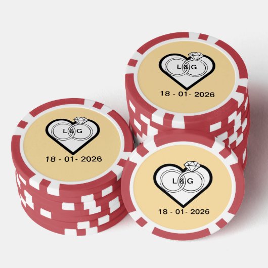 Wedding rings in a heart with date and Initials Poker Chips (Opstapeling)