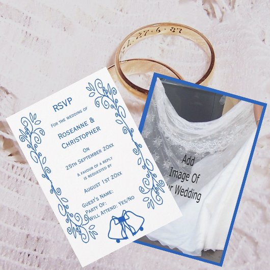 Wedding RSVP Card Blue Sapphire Bells Scrollwork  Kaartje