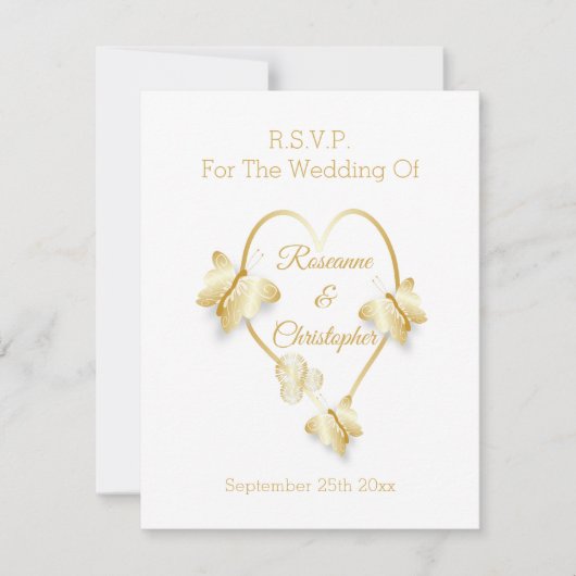 Wedding RSVP Card Gold Coloured Heart Butterfly (Devant)