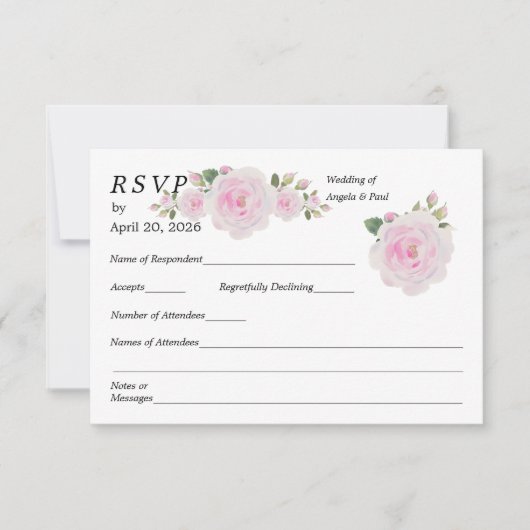 Wedding RSVP Card Soft Pink Roses  (Devant)