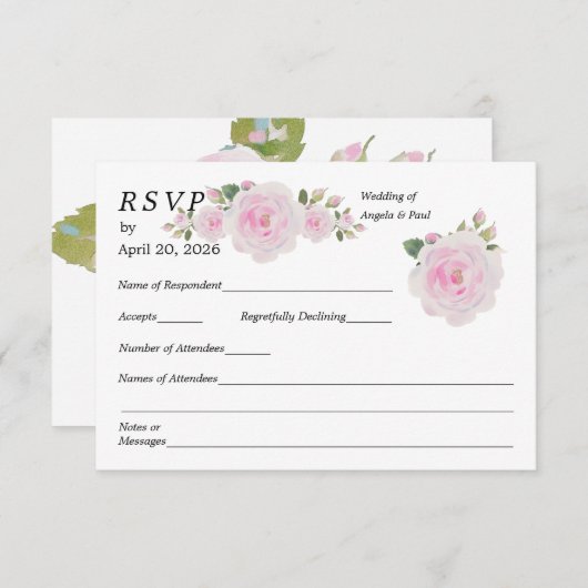 Wedding RSVP Card Soft Pink Roses  (Devant / Derrière)
