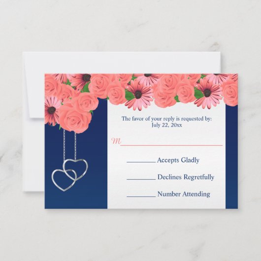 Wedding RSVP Kaart Koraalbloemen en Navy Blue (Voorkant)