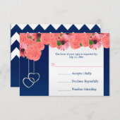 Wedding RSVP Kaart Koraalbloemen en Navy Blue (Voorkant / Achterkant)